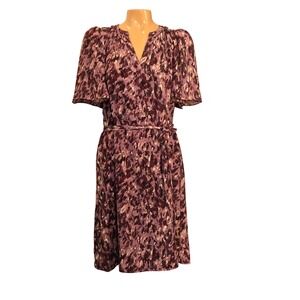 41 Hawthorne Women Purple Abstract V Neck Short Sleeve Belted Midi Dress Size S